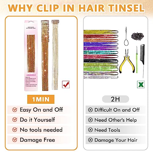 MAYCREATE® 18PCS Hair Tinsel Extensions Brown Glitter Strands 20.5 Inch Clip-on Shiny Extension Heat Resistant Fairy Kit for Women Girls Halloween Cosplay Party