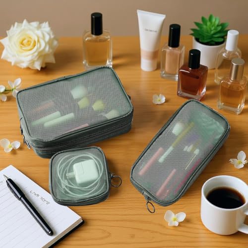 MAYCREATE® Makeup Organizer Bag 8PCS Set Mesh Toiletry Pouch Combo 4 Sizes Zipper Cosmetic Bags Cash Pouches Accessories Organizer Green