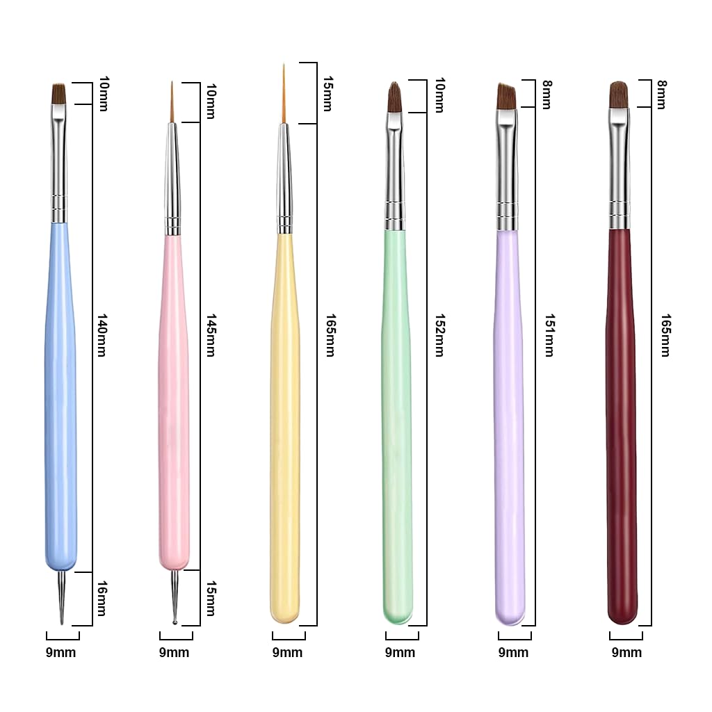 MAYCREATE Nail Art Brush Set for Acrylic Gel Nails with 2‑in‑1 Striping Dotting Tool | 6‑Piece Detailing Kit