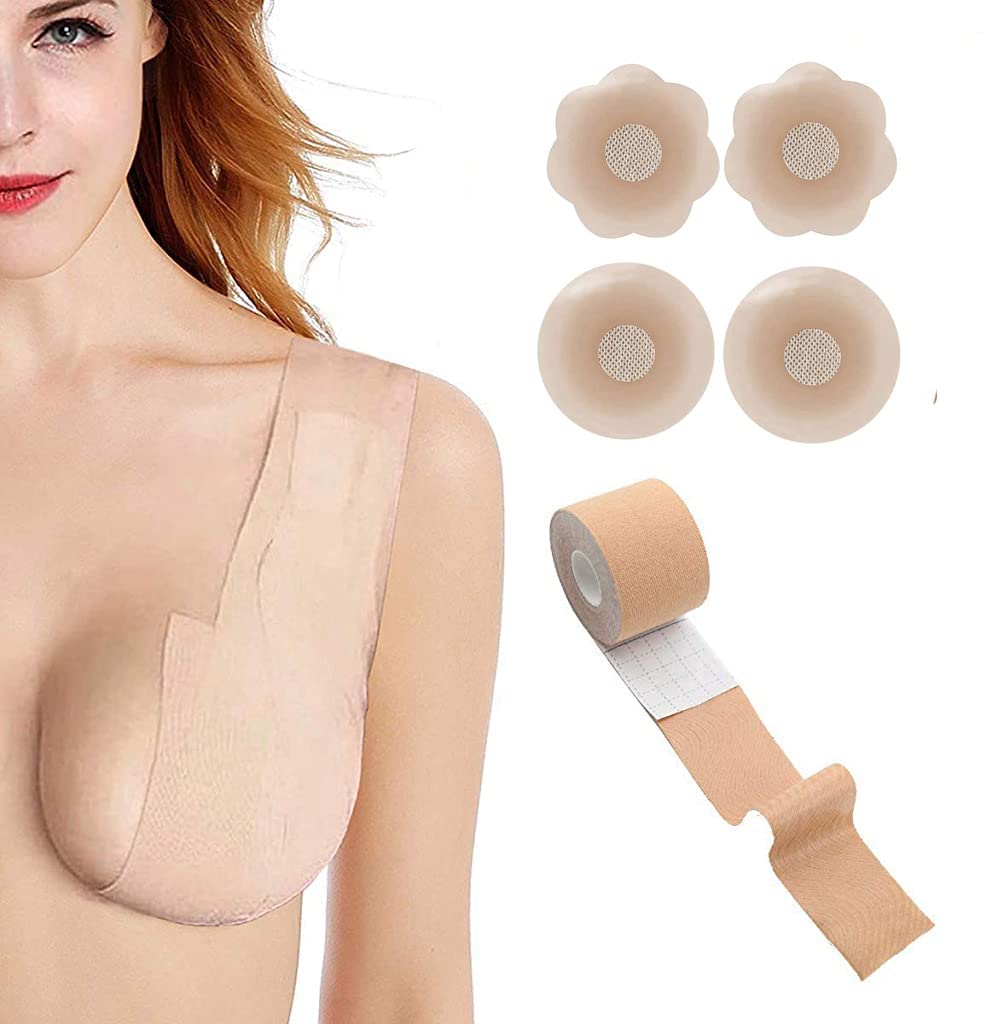 MAYCREATE Boob Tape for Push Up and Lift with 5cm×5m Free Cut Roll featuring 4PCS Silicone Nipple Covers | Invisible Waterproof Support for Women