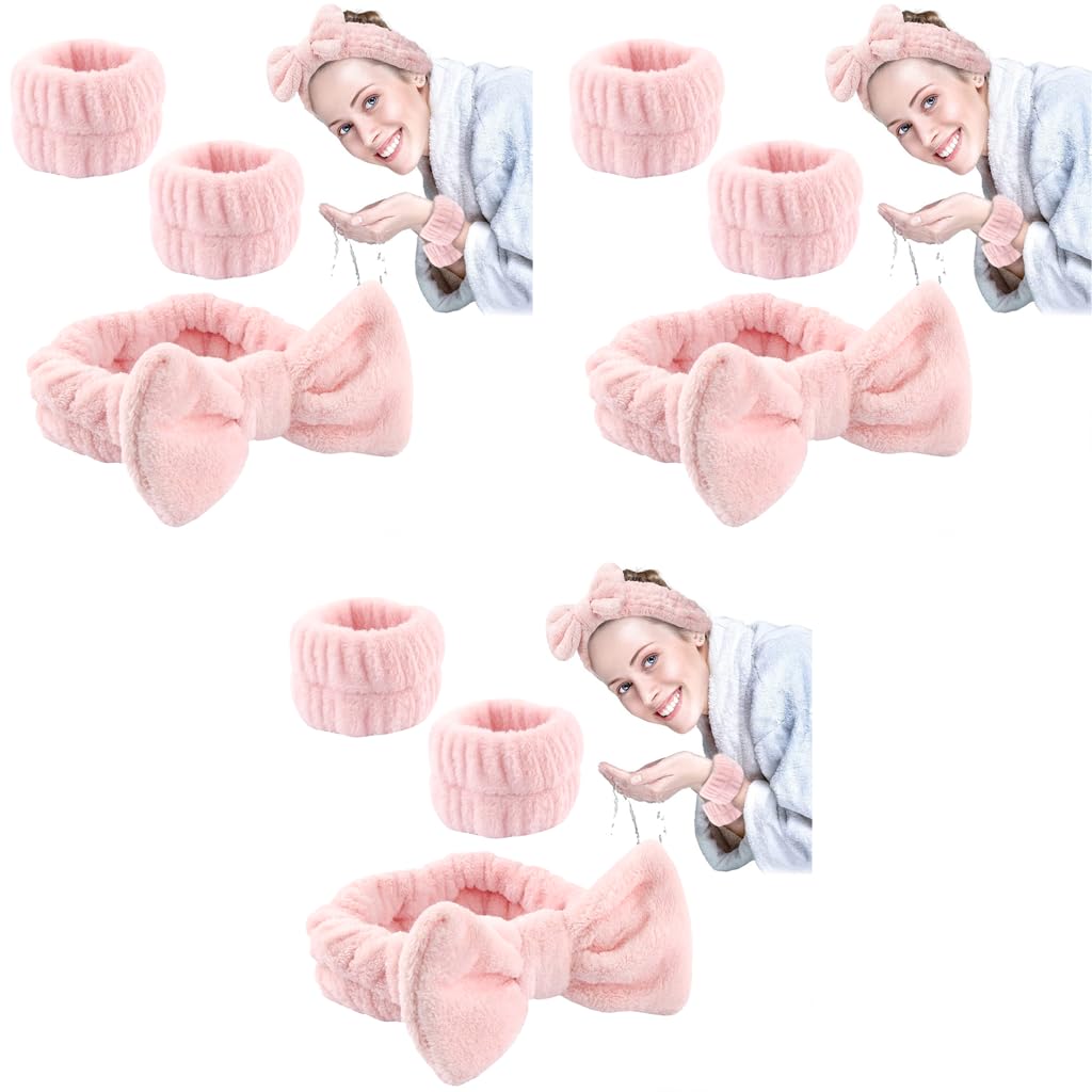 MAYCREATE Face Wash Headband Wristband Set for Spa and Makeup with Soft Flannel | 3 PCS Pink