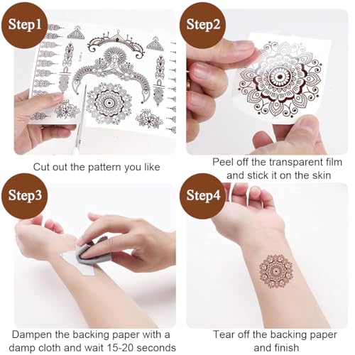 MAYCREATE® Tattoo Sticker 18 Sheets Mandala Temporary Tattoo for Women Girls Brown Lotus Flower Arm Band Tattoo Waterproof Henna Tattoo Stickers for Hands, Body, Arm, Feet