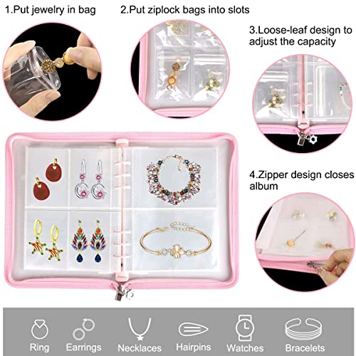 MAYCREATE® Transparent Jewelry Storage Book Anti Oxidation Organizer Bag with 60 Pockets for Bracelets Necklace Rings Pink Metal 3 PCS