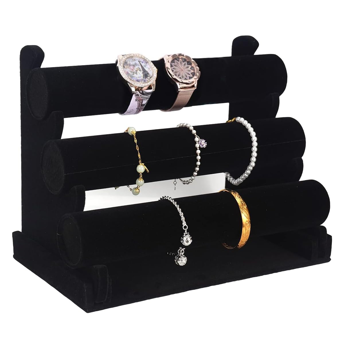 MAYCREATE Bracelet Organizer for Watches and Bangles with 3 Tiers Velvet Stand | Black
