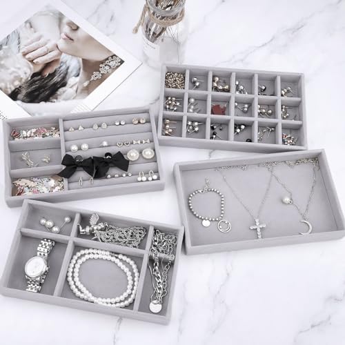 MAYCREATE Set of 4pcs Stackable Jewelry Organizer Box Tray, Earring Jewellery Organizer for Women, Drawer Inserts Container Display Case for Necklace Bracelet Ring Brooch