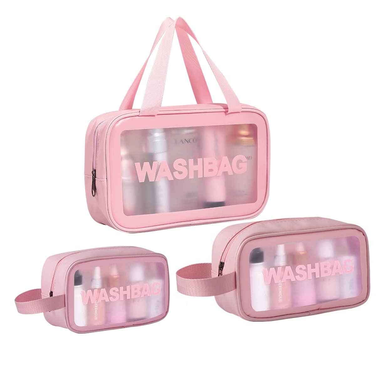 MAYCREATE Makeup Pouch Set for Travel with Reinforced Handle and Waterproof Design | 3 Pcs Pink Toiletry Organizer