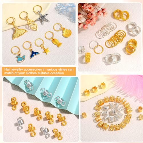 MAYCREATE® 292pcs Hair Jewelry for Braids & Dreadlocks, Assorted Stylish Metal Hair Pendants, Coils Rings Clips Accessories for Women & Girls