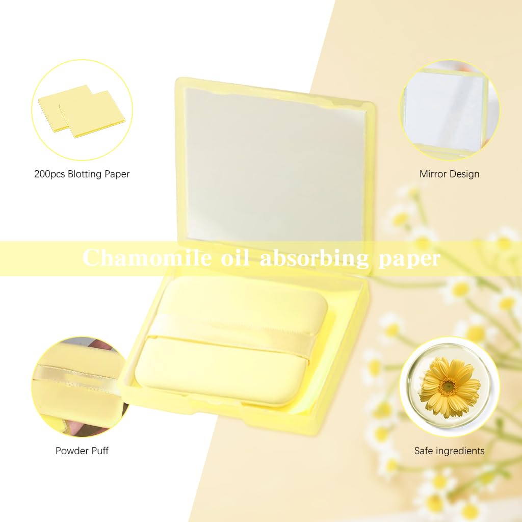 MAYCREATE Blotting Paper for Oily Skin with Built in Mirror and Puff | 200pcs Natural Linen Sheets