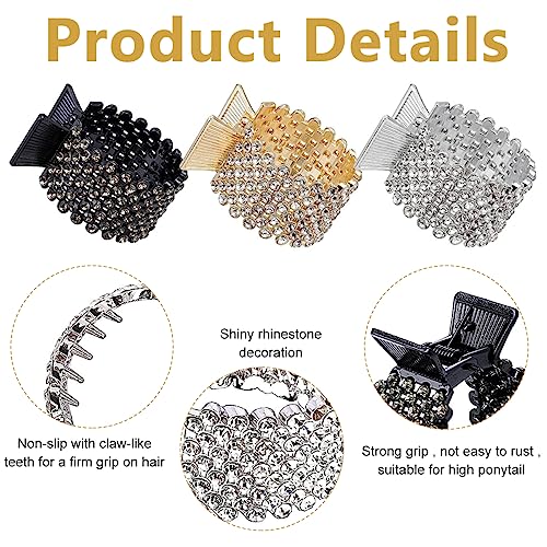 MAYCREATE 3pcs Hair Claw Clips for High Ponytail, Small Metal Rhinestone Hair Clips, Ponytail Holder for Thick Long Hair, Stylish Hair Accessories for Women Girls