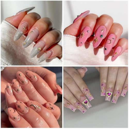 MAYCREATE® 850PCS Star Nail Charms Set for Acrylic Nails 3D Gold Silver Metallic Studs Rhinestones Y2K Women Manicure Salon