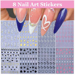 MAYCREATE® 8 Sheets Heart Nail Stickers Decals for Women Girls Art Self-Adhesive Black White Pink Graffiti Patterns Elegant Designs Accessories 24 PCS