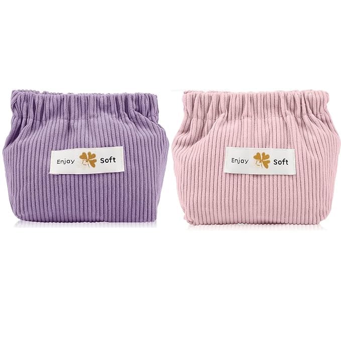 MAYCREATE 2pcs Small Makeup Pouch, Lipstick Cosmetic Bag, Corduroy Elastic Storage Pouch, Makeup Pouches for Women Girls, Travel Coin Pouch Jewelry Organizer Bag - Self Closing, Pink & Purple