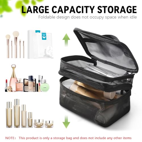 MAYCREATE® Makeup Pouch Bag Travel Organizer Large Mesh Toiletries Cosmetic Double Layer Nylon Brush with Handle 2 PCS