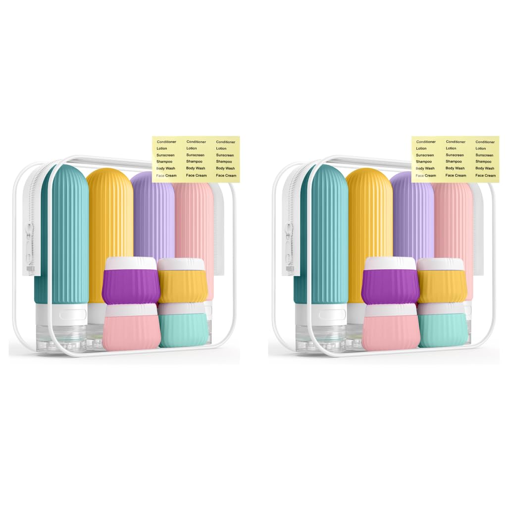 MAYCREATE Toiletries Travel Bottle Set for Air Trips with Leakproof Flip Lids and 90ml Silicone Bottles | Includes 40ml Cream Jars