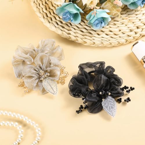 MAYCREATE® Scrunchie Hair Bands for Women Girls, 2PCS Floral Rubber Band for Hair Elastics Ties Scrunchies Set, Sheer Organza Flower with Beaded Accents