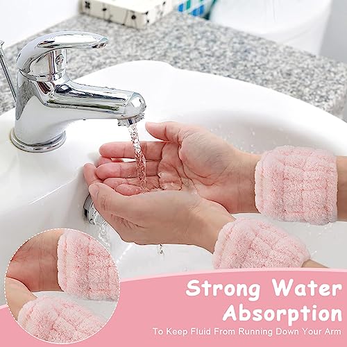 MAYCREATE® Face Wash Headband & Wristband Set, Soft Stretchy Bowknot Headband for Women Girls, Flannel Super Absorbent Sweat Wrist Towel Band for Washing Face, Makeup, Yoga, Fitness (Pink) 3 PCS