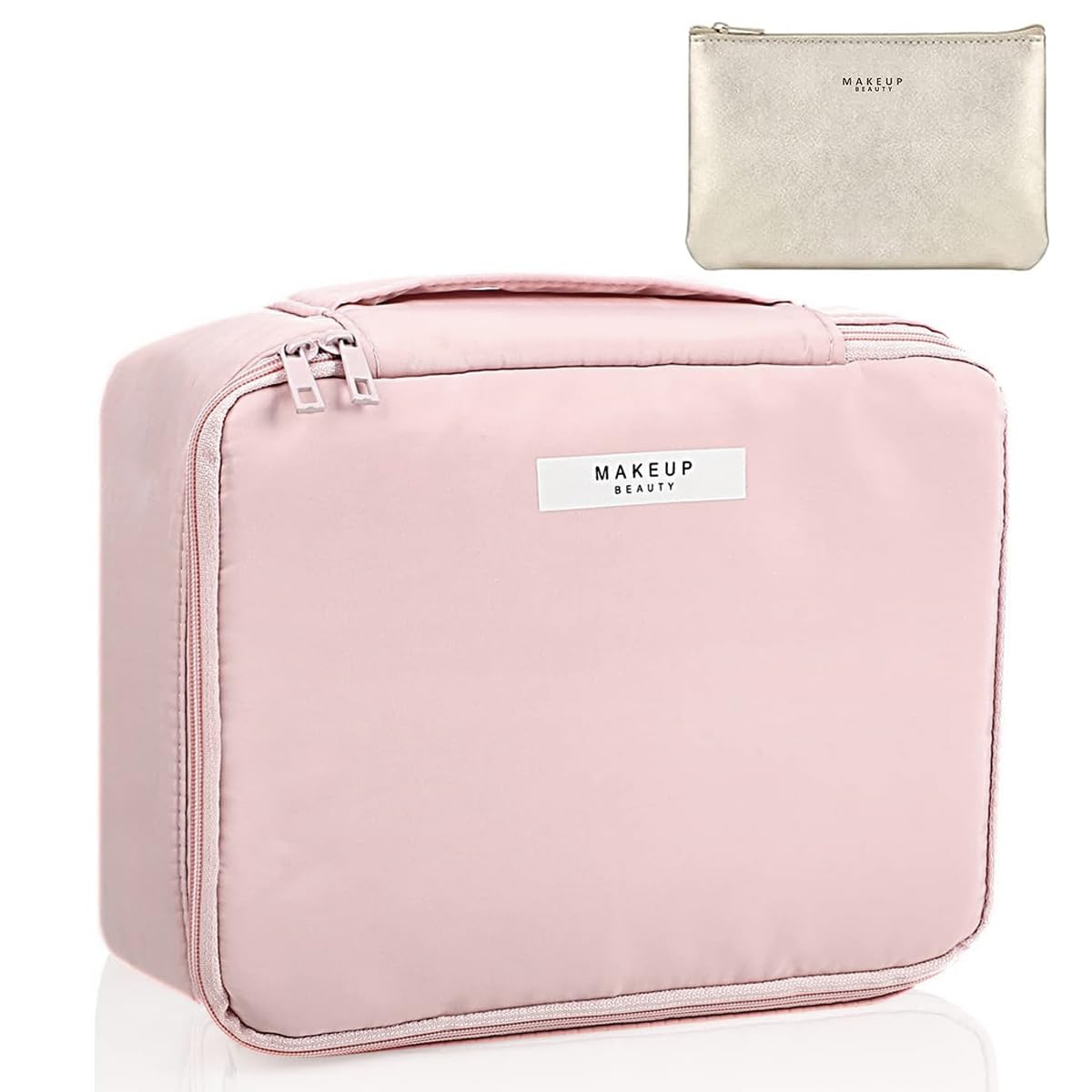 MAYCREATE Cosmetic Organizer Bag for women, Capacity Travel Makeup Pouch for Women Toiletry Bag for Girls Traveling With Handle and Divider, Pink