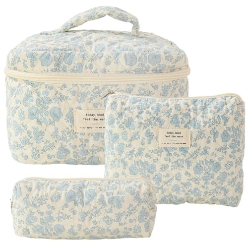 MAYCREATE® Makeup Bag Pouch Set, Quilted Cosmetic Bags, Large Floral Cotton Make Up Bag for Women, Travel Toiletry Bags