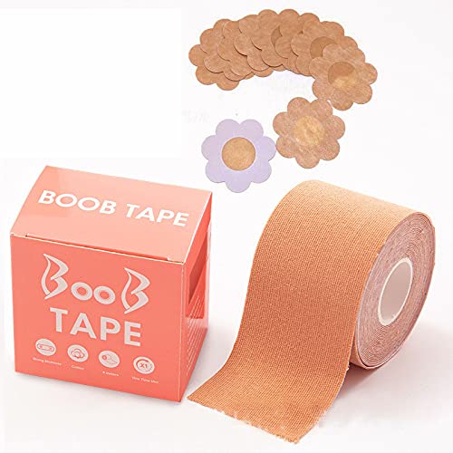 MAYCREATE Boob Tape for Backless and Strapless Outfits with 10 Nipple Covers | 16 ft Cotton Spandex Lift
