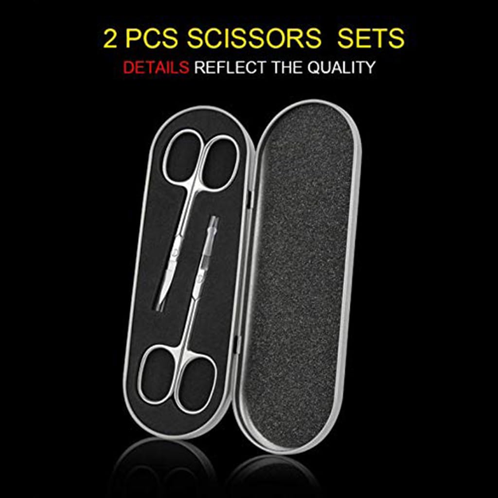 MAYCREATE Nose Scissors Set for Beard and Eyebrow Trimming featuring Ergonomic Grip | 6PCS Stainless Steel Silver Kit with Storage Box