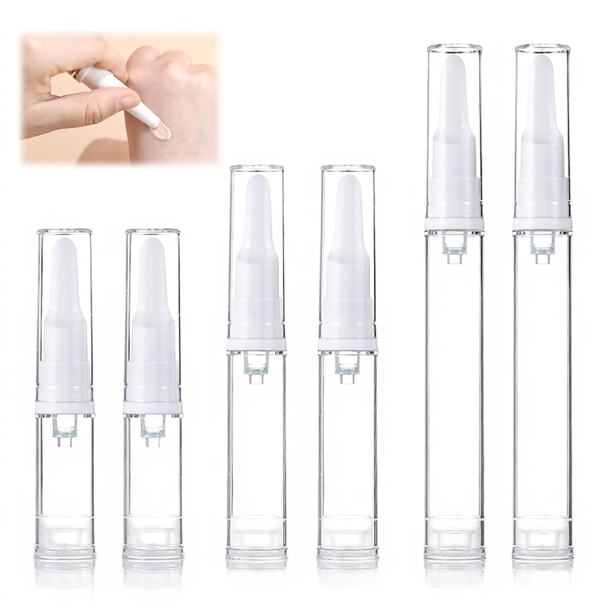 MAYCREATE® 6Pcs Mini Airless Pump Bottles Foundation Container Refill Travel Bottles 5ml/10ml/15ml, Refillable Vacuum Dispenser Bottle for Makeup, Perfume - Removable Lid and Nozzles