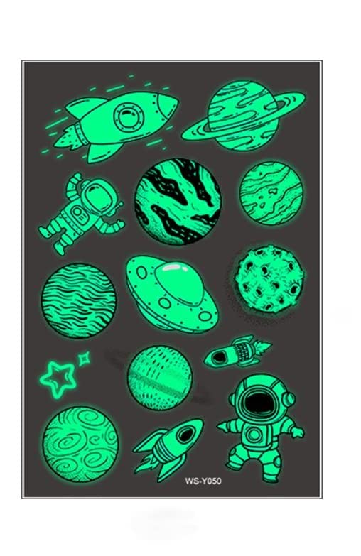 MAYCREATE 10 Sheet Kids Tattoo Sticker Night Glowing Tattoo Sticker, Cartoon Space Theme Sticker Waterproof Temporary Tattoos for Birthday Parties, Group Activities, Cartoon Tattoo Sticker