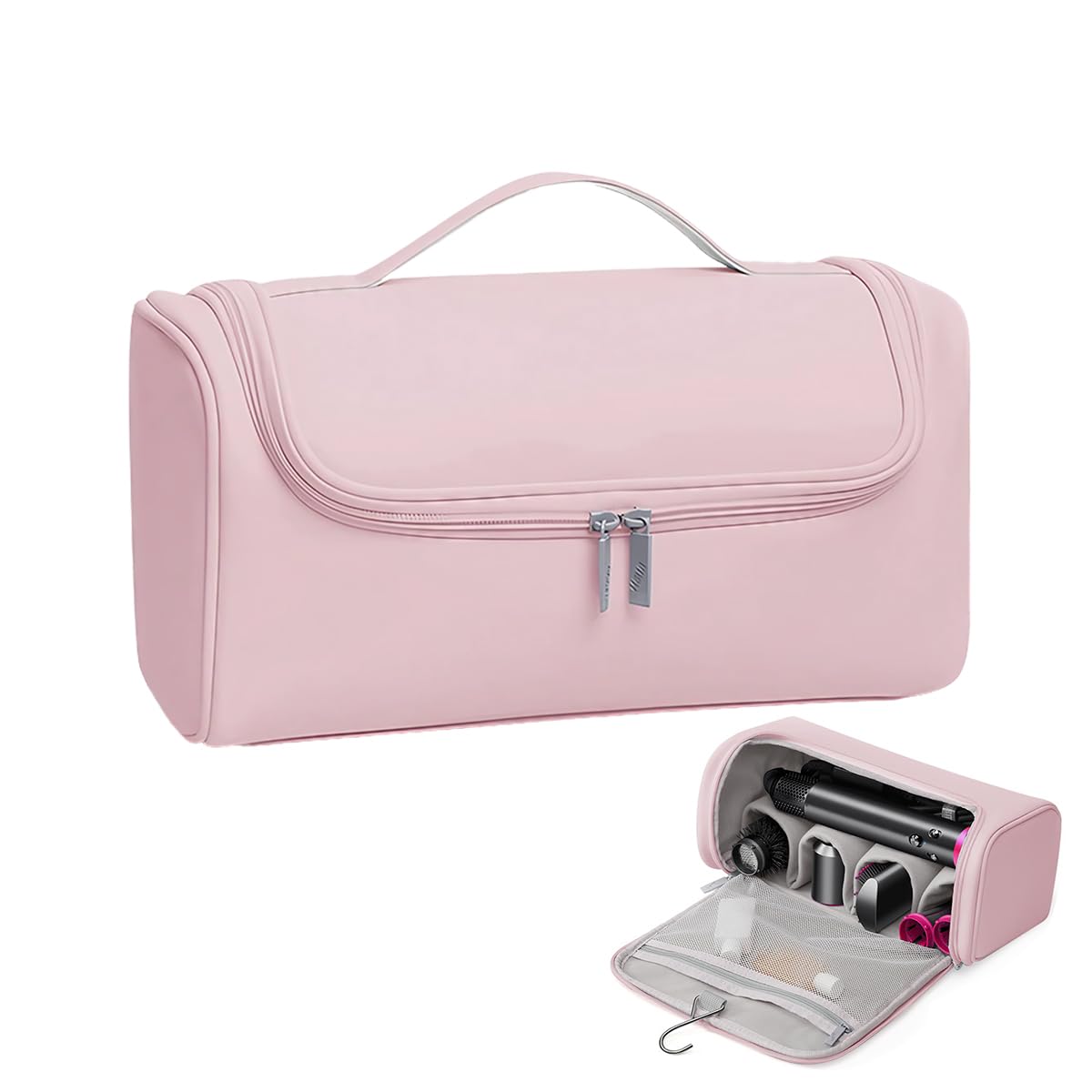 MAYCREATE Travel Storage Bag for Dyson Airwrap featuring 5 Compartments & Hanging Hook | Pink PU Organizer