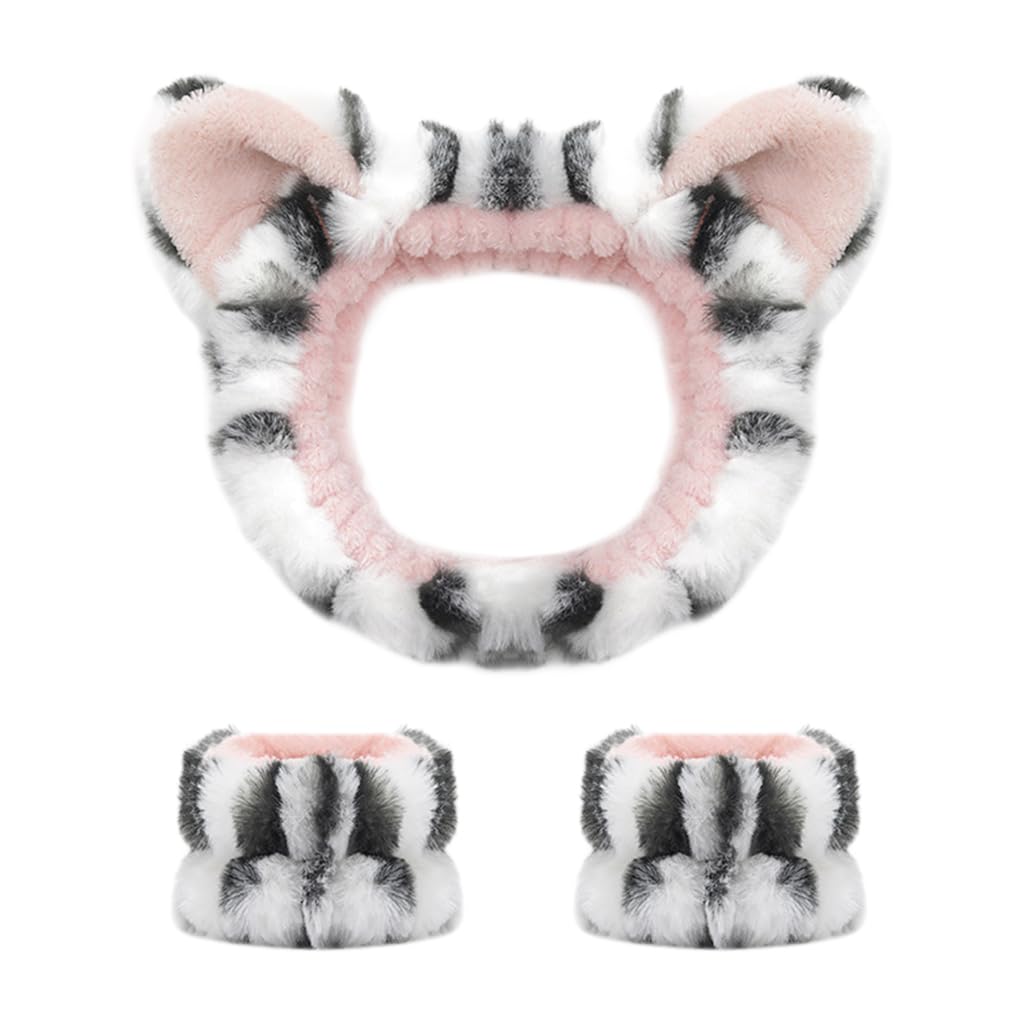 MAYCREATE Spa Headband Set for Women with Cute Cat Ears and 3pcs Flannel Wristbands | Ideal for Face Washing and Makeup Routines