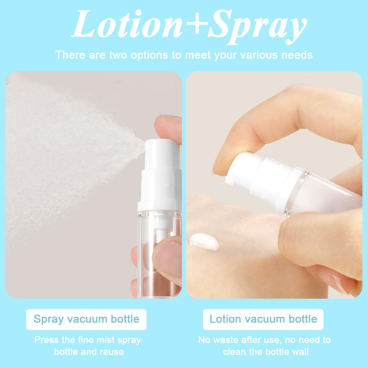 MAYCREATE 4Pcs 10ml Vacuum Travel Bottles for Toiletries, Mini Refill Airless Pump Bottle Lotion Bottle, Clear 2 Liquid Spray Bottles & 2 Cream Bottles Combo Set for Makeup Foundation Toiletries