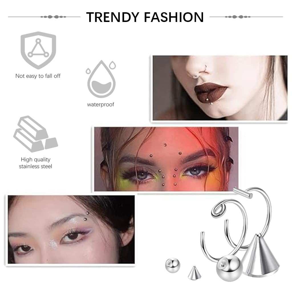 MAYCREATE 155Pcs Fake Labrets Stainless Steel Eyebrow Piercing Fake Studs Ring Set Non- piercing Lip Labret Studs Multi Sizes Fashion Fake Surface Piercings Studs Set with Adhesive Tabs and Tweezer