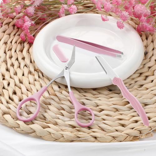MAYCREATE® 6PCS Eye Brow Scissor Eyebrow Removal Tweezer Trimmer Razor Facial Hair Shaper Trimming Make Up Tool with PU Leather Case Pink