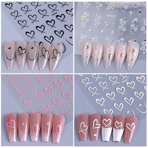 MAYCREATE® 8 Sheets Heart Nail Stickers Decals for Women Girls Art Self-Adhesive Black White Pink Graffiti Patterns Elegant Designs Accessories 16 PCS