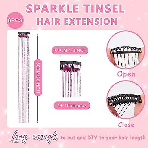 MAYCREATE® 18PCS Hair Tinsel Clip-in Glitter Extensions for Women 20.5in Pink Shiny Strands Heat Resistant Fairy Sparkle Accessories Girls Kids Festival Cosplay Party Gift