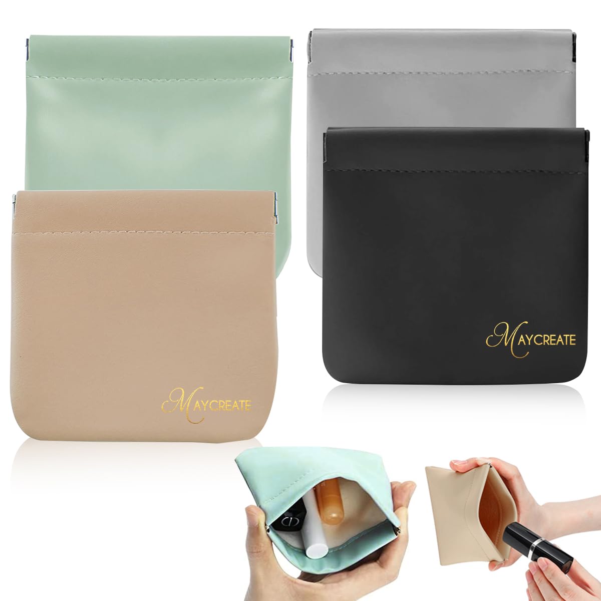 MAYCREATE Pocket Cosmetic Bag Set for Travel and Daily Use featuring Self Closing Design | 4pcs 4.7x4.3in Waterproof PU Pouches for Women