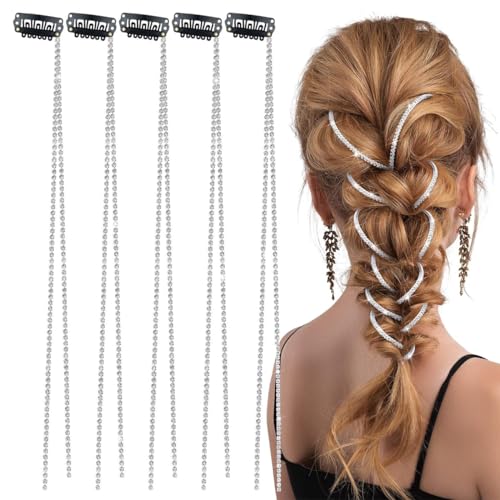 MAYCREATE 5Pcs Rhinestone Hair Clip Chains Braids Hair Accessories for Women Stylish 20 Inch Hair Extensions Girls Dazzling Crystal Silver Hair Chains Long Tassle