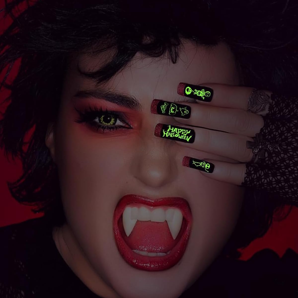 MAYCREATE 12 Sheets Halloween Nail Art Stickers, Luminous Nail Design Glow in The Dark Nail Decals, 3D Self-Adhesive Luminous Spooky Spider Web Skull Pumpkin Nail Art Design for Women Girls