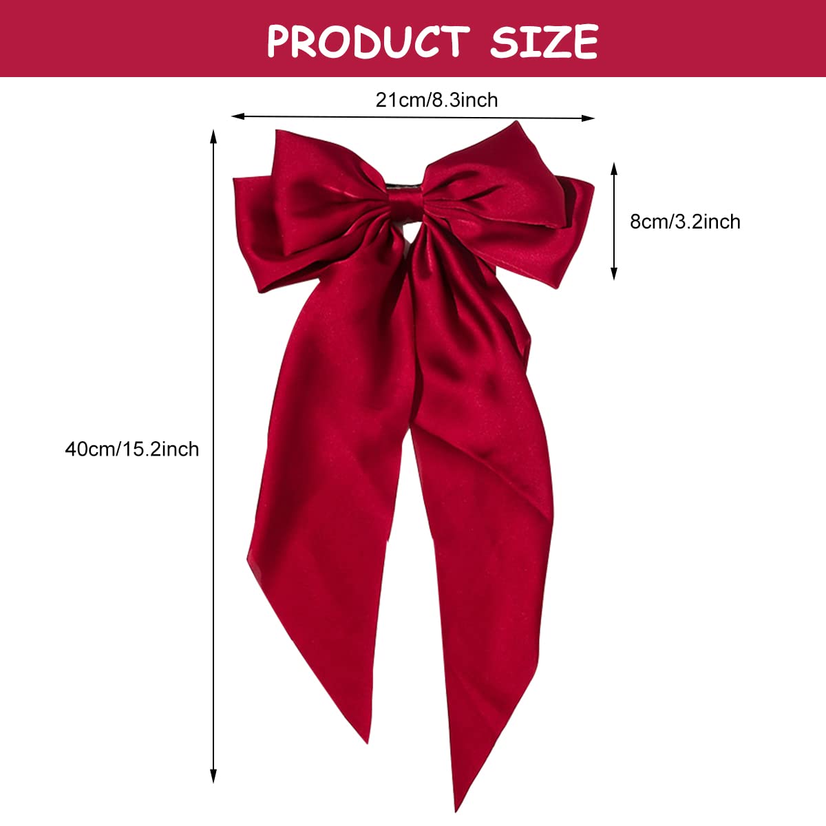 MAYCREATE Large Satin Hair Bows for Women Girls Silk-Like Stylish French Bow Hair Clip Bowknot Hair Barrettes Big Ribbon Bow with Long Tail (Red)