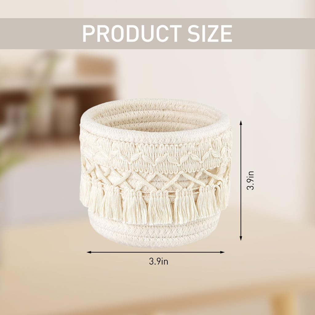 MAYCREATE Macrame Makeup Brush Holder Organizer Boho Desk Mini Storage Basket Table Cotton Rope Tassels Pen Holder for School Office Stationeries Storage Container - Ivory