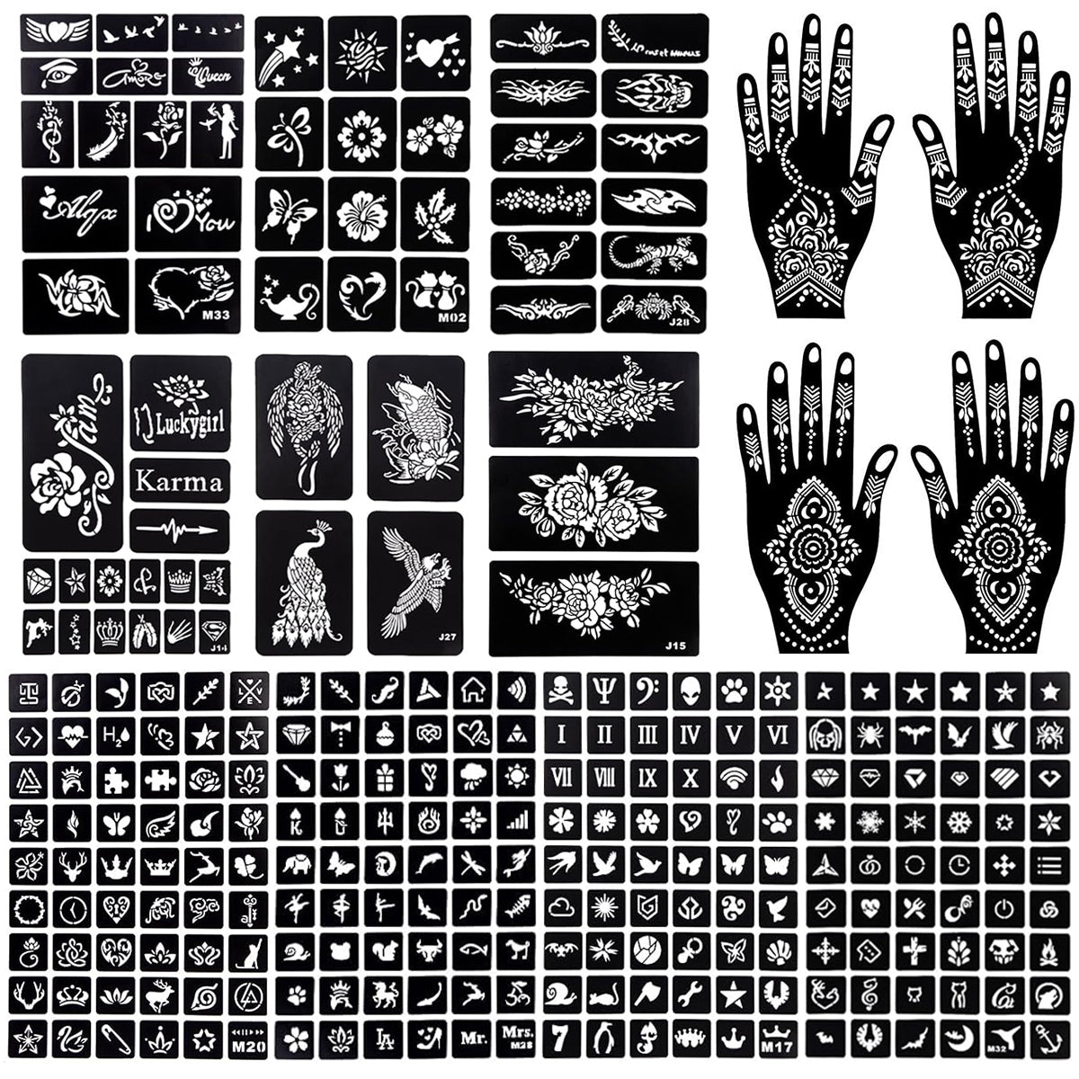 MAYCREATE 14 Sheets Mehendi Stencil Stickers Kit Henna Tattoo Mehandi Stickers for Hands Arabic Henna Temporary Tattoo for Women Mehendi Stencil Stickers for Full Hands, Face, Arm, Body