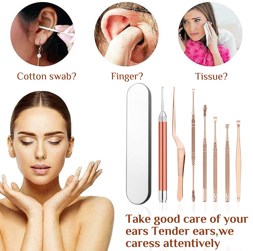 MAYCREATE 7pcs LED Ear Wax Pickers Stainless Steel Earpick Wax Remover Curette Ear Pick Cleaner Ear Cleaner Spoon Care Ear Clean Tool