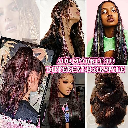 MAYCREATE® 12PCS Hair Tinsel Clip-in Glitter Extensions for Women 20.5in Pink Shiny Strands Heat Resistant Fairy Sparkle Accessories for Girls Kids Festival Cosplay Party Gift