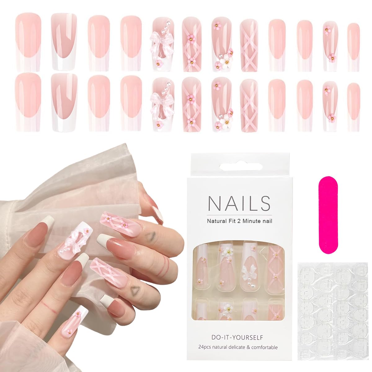 MAYCREATE Press on Nails for Women with 24Pcs Short Square Pink French Tips | Floral Design