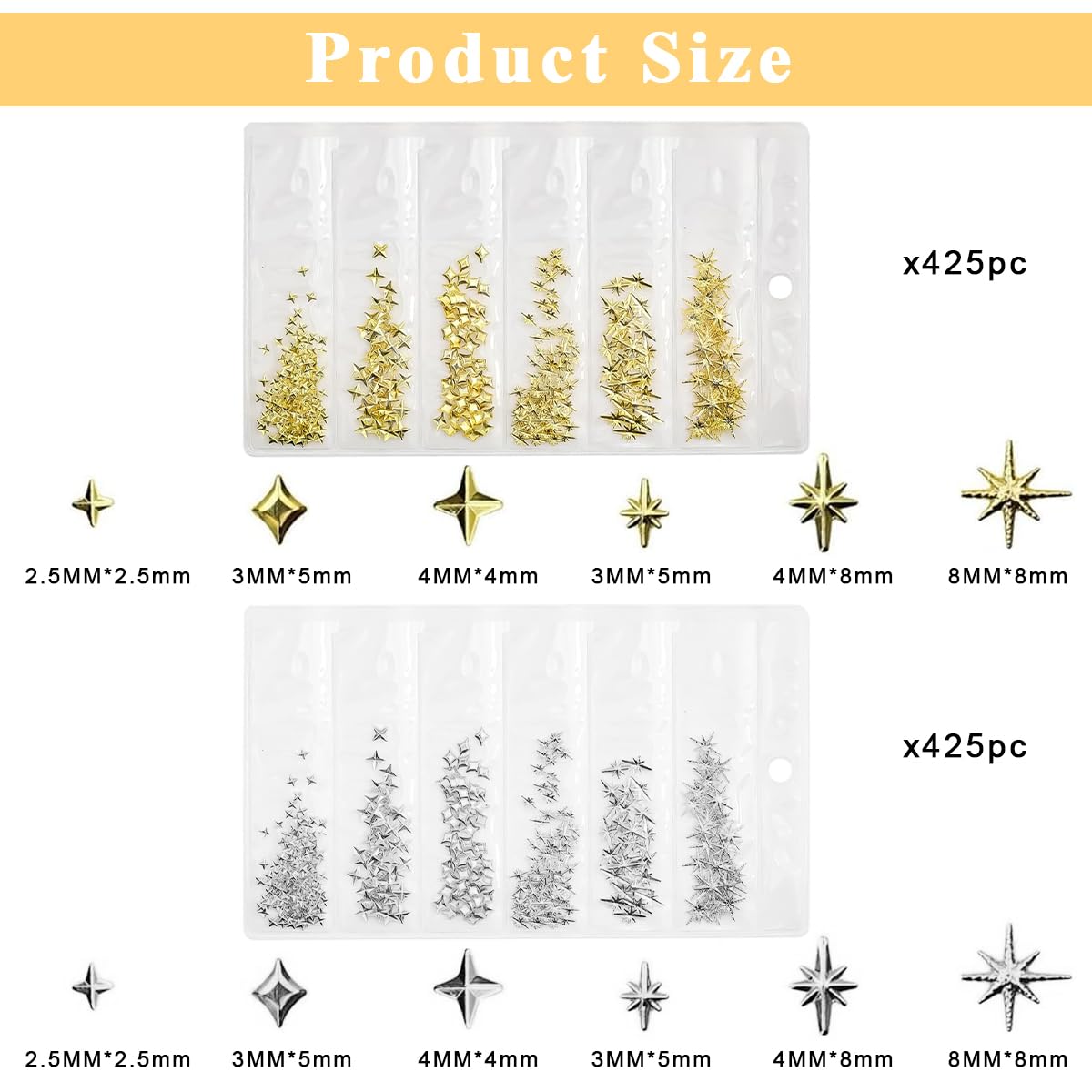 MAYCREATE Star Nail Charms Set for Acrylic Nails featuring 1700 pcs Metallic Gold and Silver Studs | Ideal for DIY Nail Art and Salon Designs