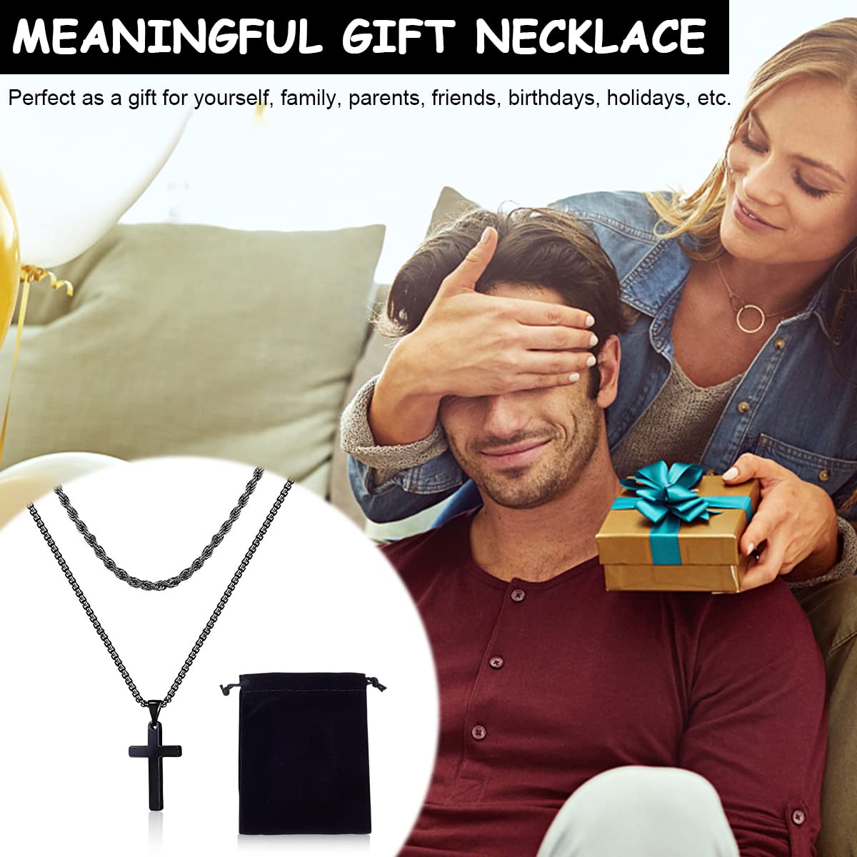 MAYCREATE Black 2 Pcs Double Layered Electroplated Titanium Classic Cross Pendant Steel Chain Necklace Set with Flannel Bag for Men & Women
