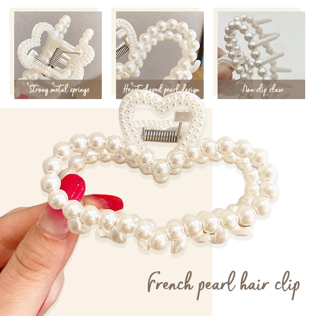 MAYCREATE Pearl Hair Claw Clips for Women with Non Slip Grip and Acrylic Heart Design | 8 Pcs Gift Set