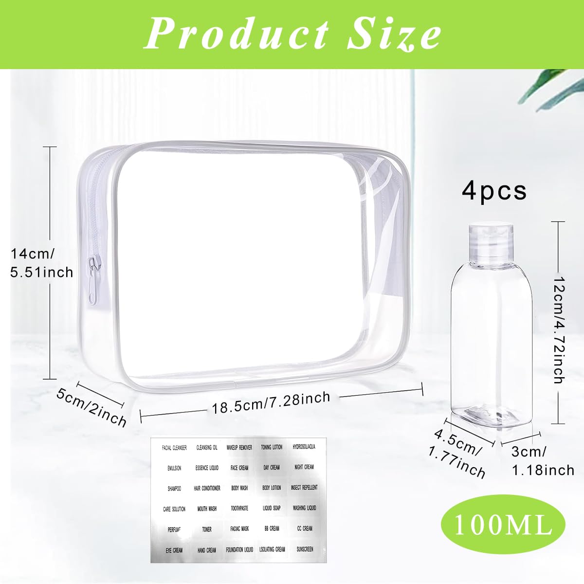 MAYCREATE Travel Bottle Kit for Toiletries with Dual Function Lids and 4×100ml Leakproof Bottles
