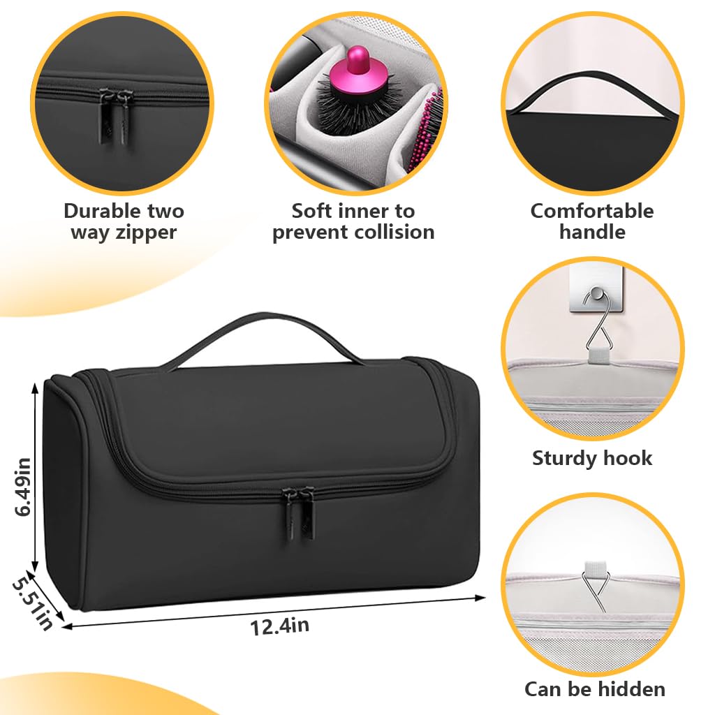MAYCREATE Travel Storage Bag for Dyson Air wrap Holder Hair Styler Organizer for Airwrap Attachments Portable Storage Bag with Hanging Hook, Black (Bag Only)