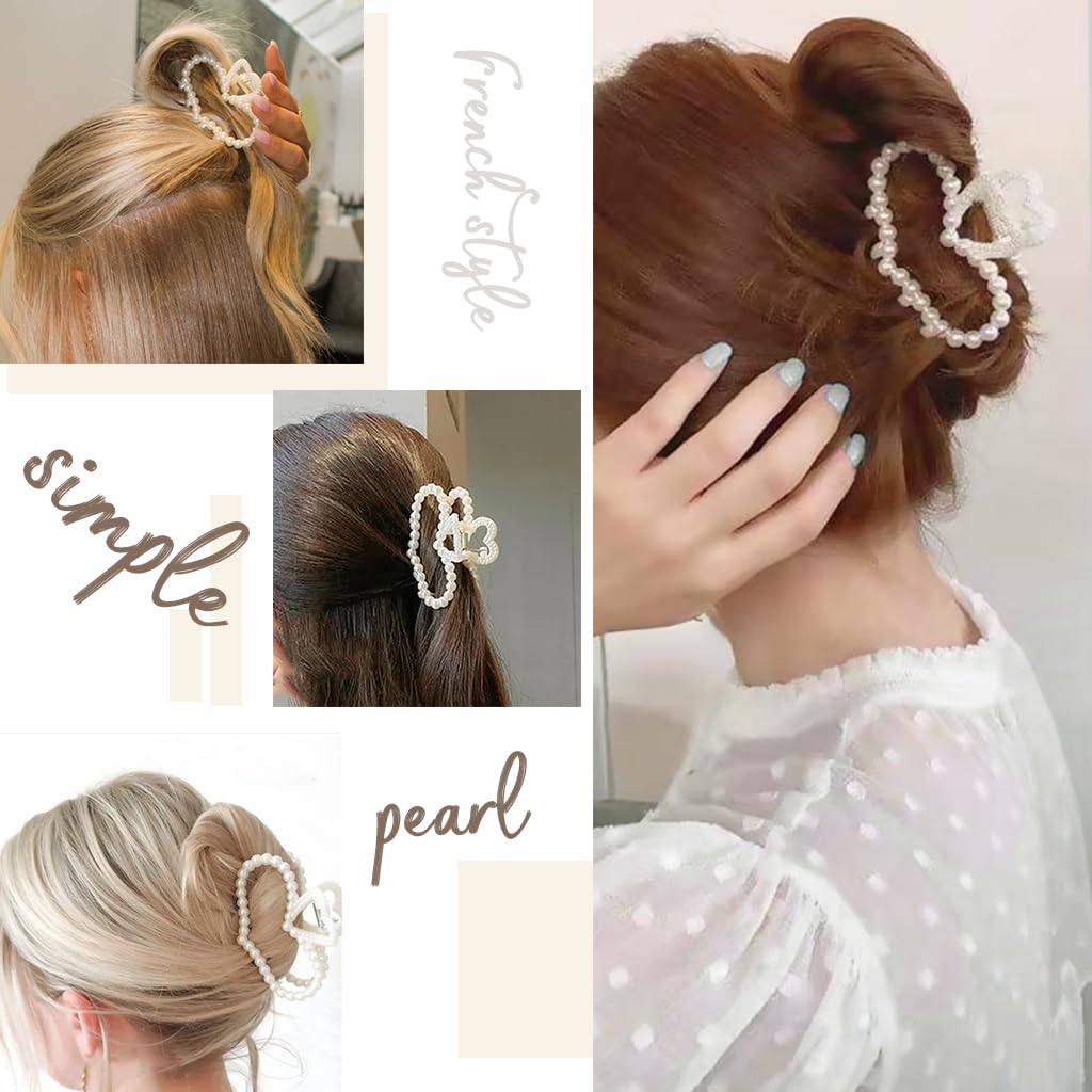 MAYCREATE 8Pcs Pearl Hair Claw Clips French Twist Hair Claw Clips Heart Shaped Pearl Embellished Hair Claw Clips Bridesmaid Hair Claw Clips Bridal Pearl Hair Claw Clips Gift for Girls