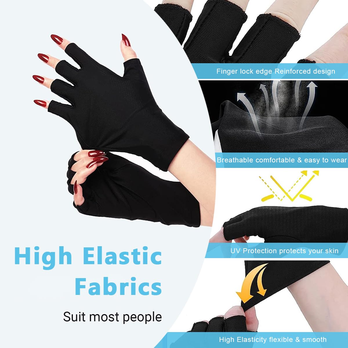 MAYCREATE Nylon Anti Uv Gloves For Gel Nail Lamp,Professional Upf50+ Uv Protection Gloves For Women Manicures,Nail Art Skin Care-Stretchy&Fingerless,Protect Hands From Uv Harm (Black),Pack of 2