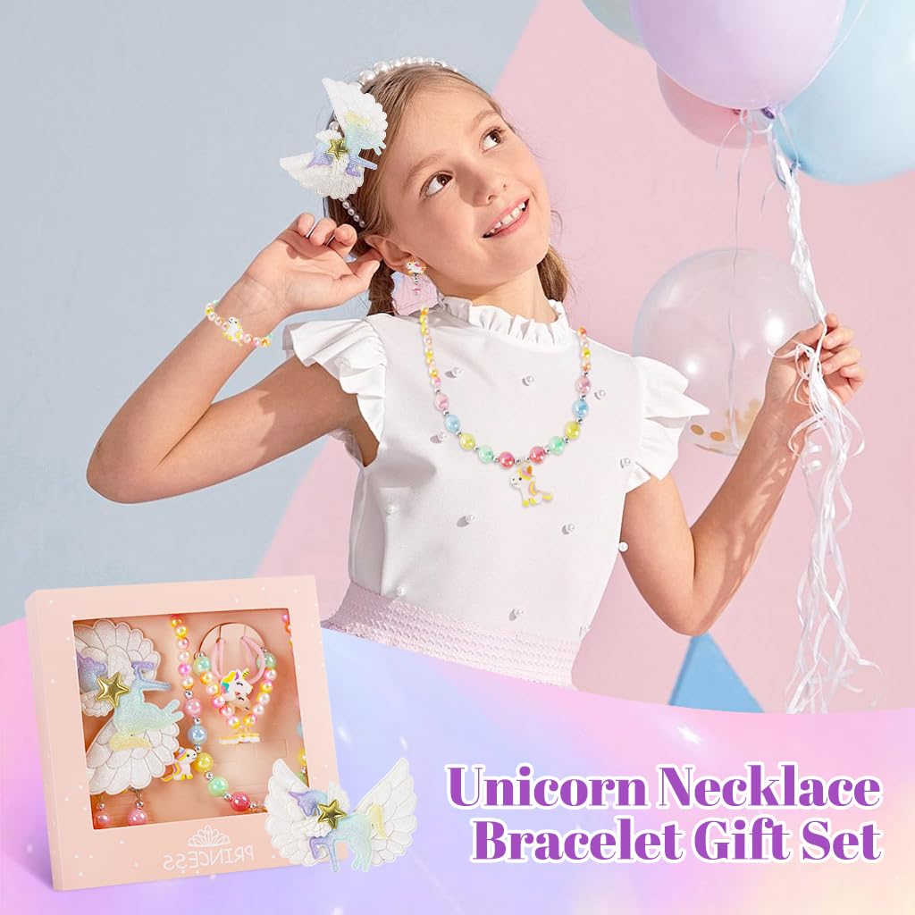 MAYCREATE Unicorn Kids Jewellery Set for Girls with Beaded Necklace and Bracelet | 8 Pcs Gift Kit